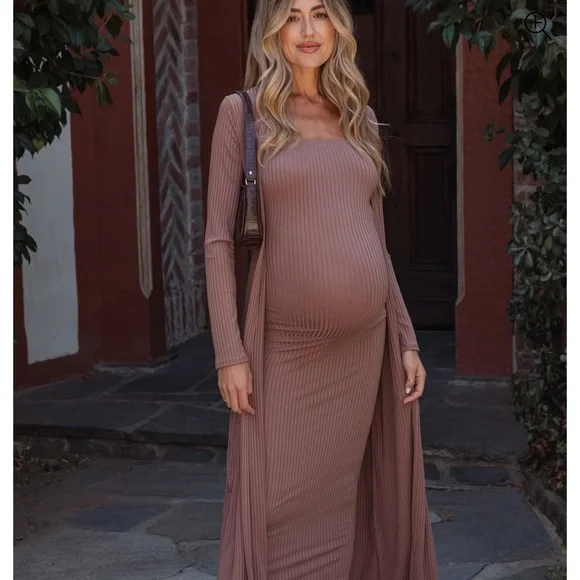 Pinkblush Long Sleeve Ribbed Dress in Brown - Picture 1 of 2
